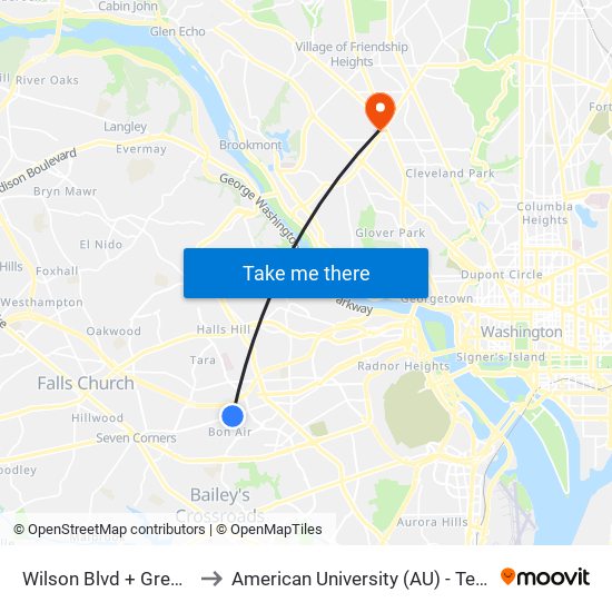 Wilson Blvd + Greenbrier St to American University (AU) - Tenley Campus map