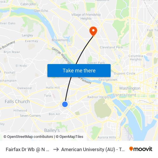 Fairfax Dr Wb @ N Utah St FS to American University (AU) - Tenley Campus map