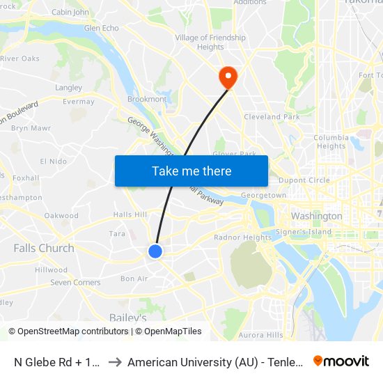 N Glebe Rd + 11th St to American University (AU) - Tenley Campus map