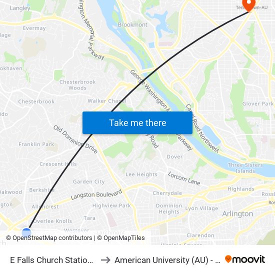 E Falls Church Station + Bus Bay D to American University (AU) - Tenley Campus map