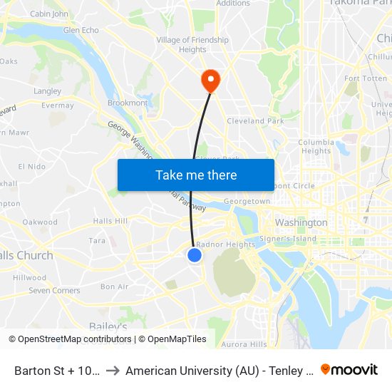 Barton St + 10th St to American University (AU) - Tenley Campus map