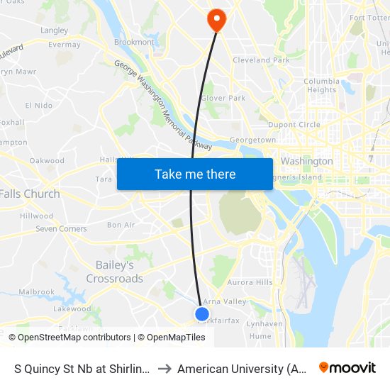 S Quincy St Nb at Shirlington Station Bay D to American University (AU) - Tenley Campus map