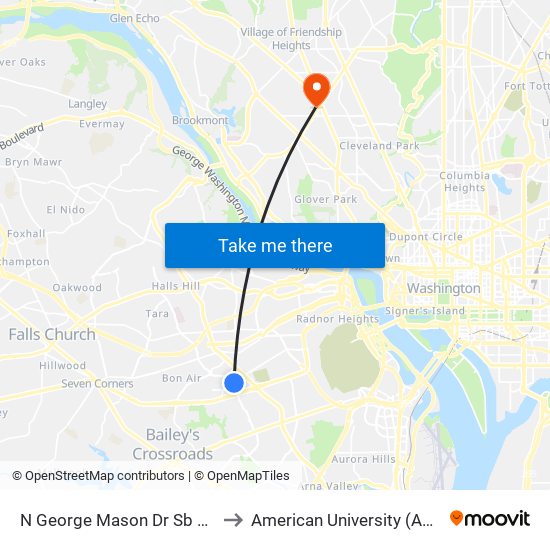 N George Mason Dr Sb @ N Pershing Dr Ns to American University (AU) - Tenley Campus map