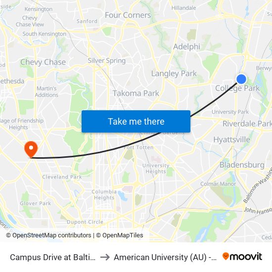 Campus Drive at Baltimore Avenue to American University (AU) - Tenley Campus map