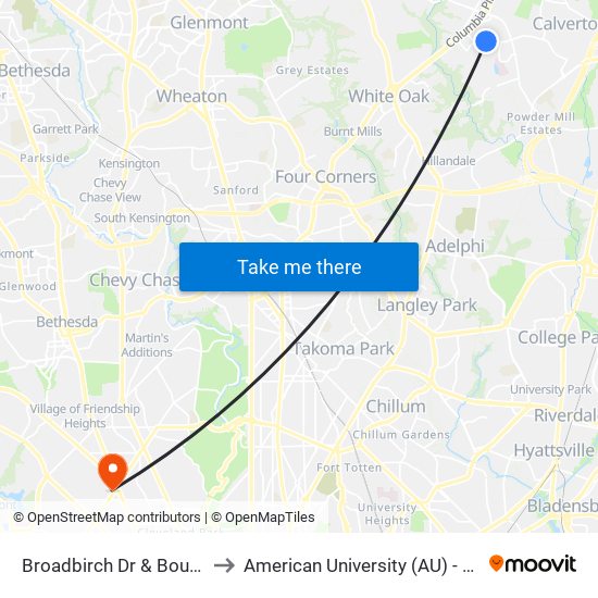 Broadbirch Dr & Bournefield Way to American University (AU) - Tenley Campus map