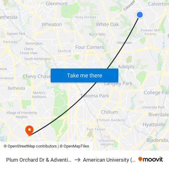 Plum Orchard Dr & Adventist Medical Cen White Oak to American University (AU) - Tenley Campus map