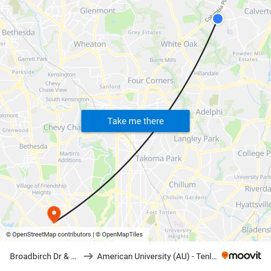 Broadbirch Dr & Tech Rd to American University (AU) - Tenley Campus map