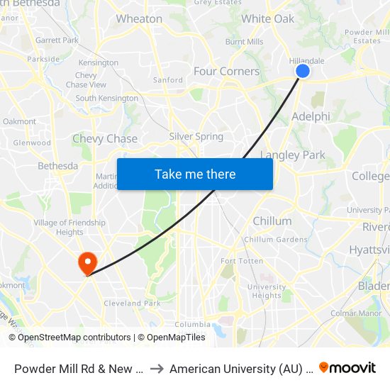 Powder Mill Rd & New Hampshire Ave to American University (AU) - Tenley Campus map