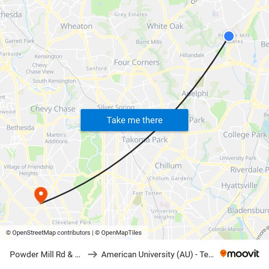 Powder Mill Rd & Collier Rd to American University (AU) - Tenley Campus map