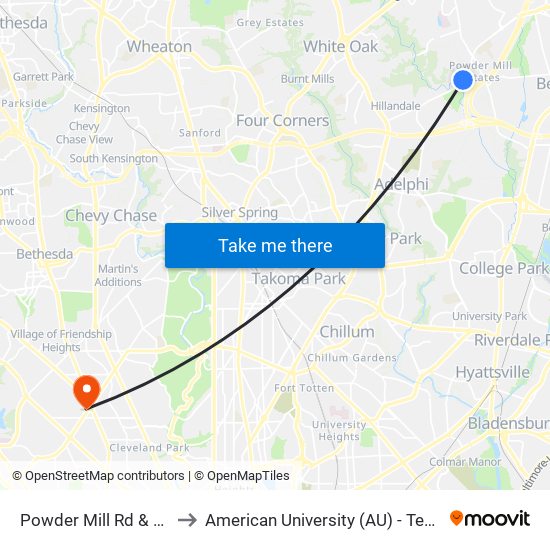 Powder Mill Rd & Hillhaven to American University (AU) - Tenley Campus map