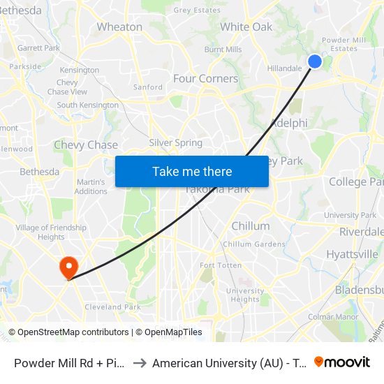 Powder Mill Rd + Pinewood Ct to American University (AU) - Tenley Campus map