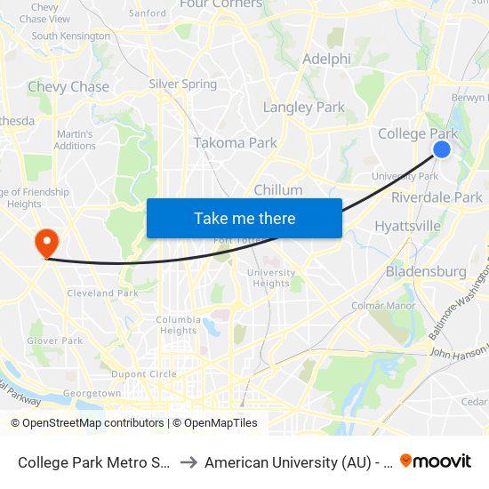 College Park Metro Station - Bay D to American University (AU) - Tenley Campus map