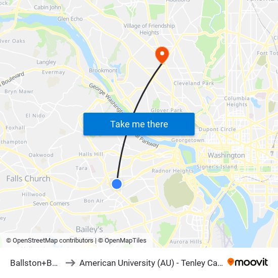 Ballston+Bay F to American University (AU) - Tenley Campus map