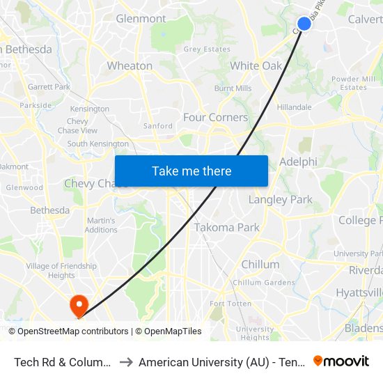 Tech Rd & Columbia Pike to American University (AU) - Tenley Campus map