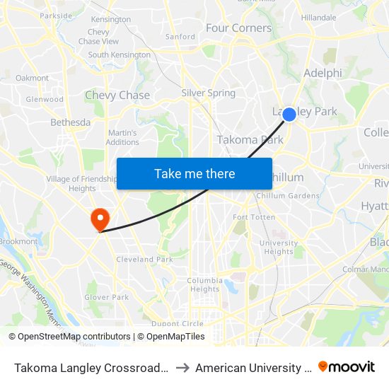 Takoma Langley Crossroads Transit Center + Bus Bay A to American University (AU) - Tenley Campus map