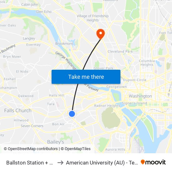 Ballston Station + Bus Bay D to American University (AU) - Tenley Campus map