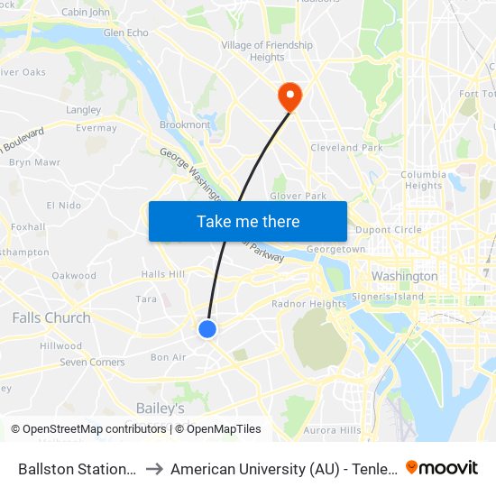 Ballston Station Bay A to American University (AU) - Tenley Campus map