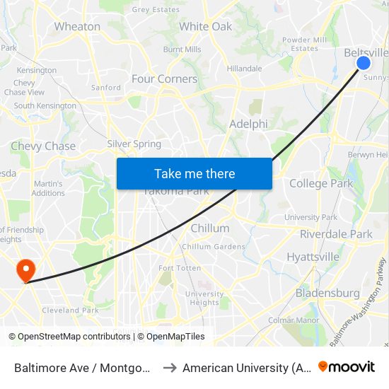 Baltimore Ave / Montgomery Rd (Northbound) to American University (AU) - Tenley Campus map