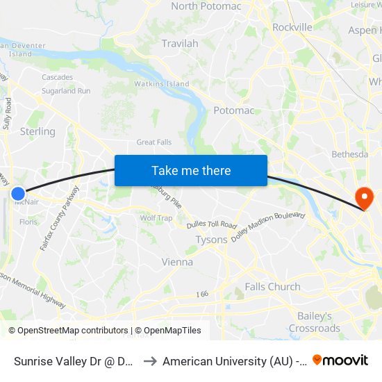 Sunrise Valley Dr @ Dulles Corner Dr to American University (AU) - Tenley Campus map