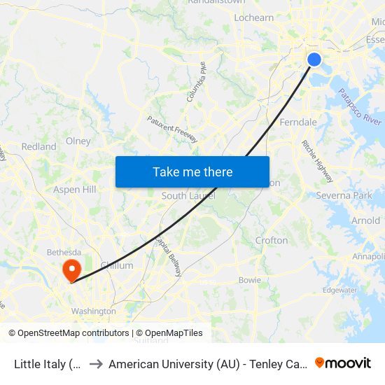 Little Italy (Eb) to American University (AU) - Tenley Campus map