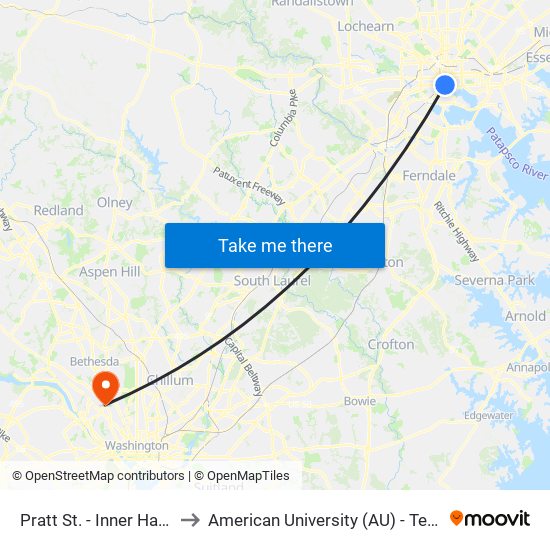 Pratt St. - Inner Harbor (Sb) to American University (AU) - Tenley Campus map