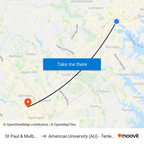 St Paul & Mulberry St to American University (AU) - Tenley Campus map