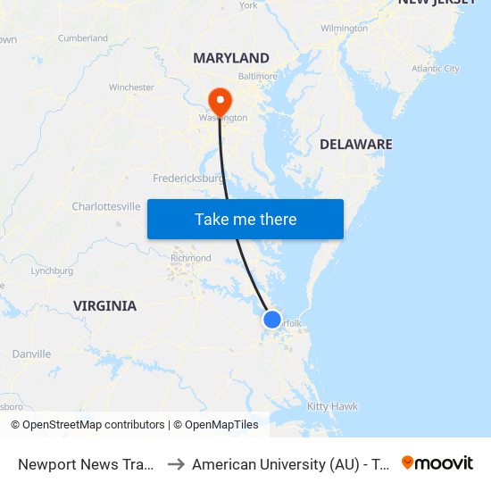 Newport News Transit Center to American University (AU) - Tenley Campus map
