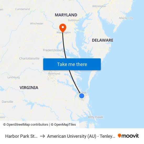 Harbor Park Station to American University (AU) - Tenley Campus map