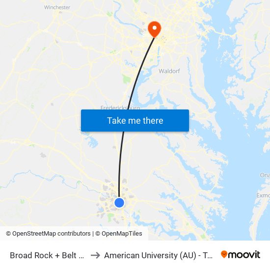 Broad Rock + Belt Boulevard to American University (AU) - Tenley Campus map