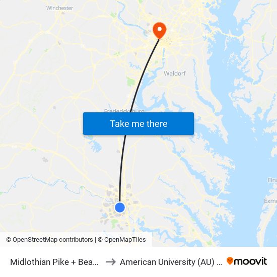 Midlothian Pike + Beaufont Hills Drive to American University (AU) - Tenley Campus map