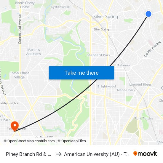 Piney Branch Rd & Flower Ave to American University (AU) - Tenley Campus map