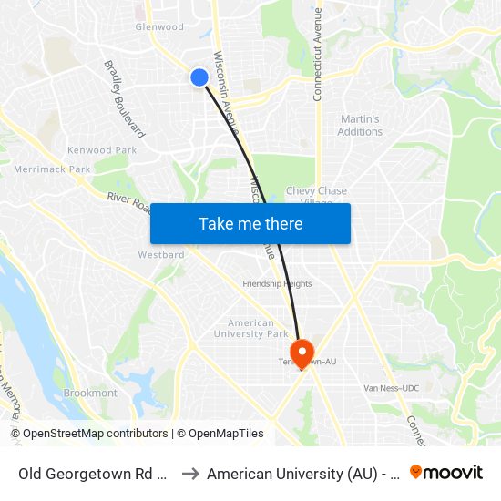 Old Georgetown Rd & Cordell Ave to American University (AU) - Tenley Campus map