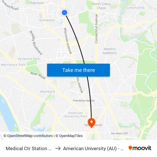 Medical Ctr Station & Bus Bay F to American University (AU) - Tenley Campus map