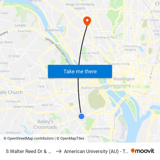 S Walter Reed Dr & Columbia Pi to American University (AU) - Tenley Campus map