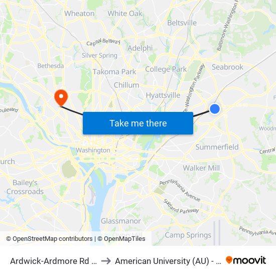 Ardwick-Ardmore Rd & Ardwick Pl to American University (AU) - Tenley Campus map