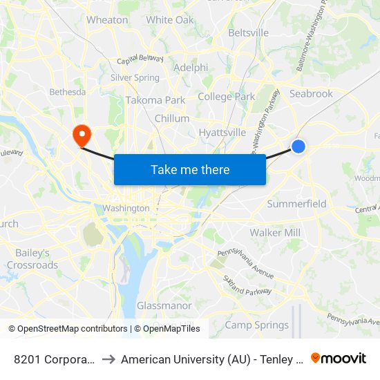 8201 Corporate Dr to American University (AU) - Tenley Campus map