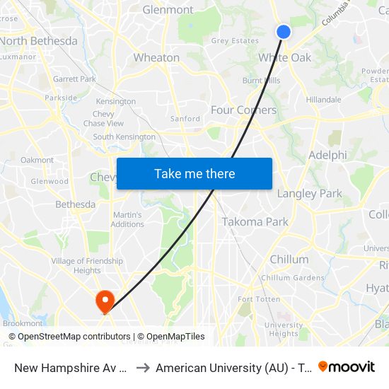New Hampshire Av & Tanley Rd to American University (AU) - Tenley Campus map