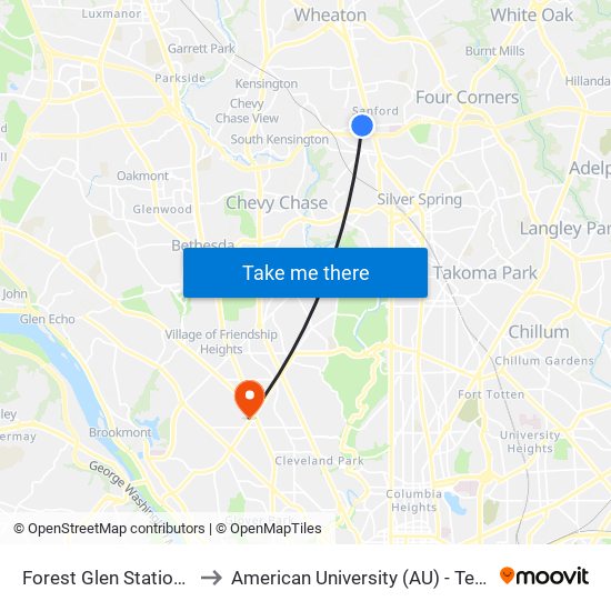 Forest Glen Station & Bay A to American University (AU) - Tenley Campus map