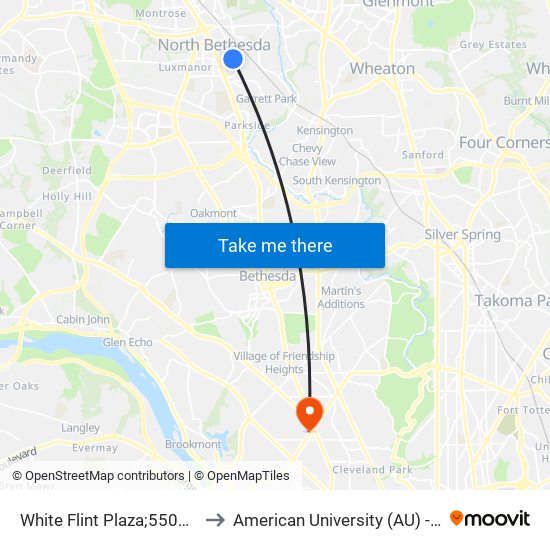 White Flint Plaza;5500 Nicholson La to American University (AU) - Tenley Campus map