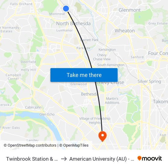 Twinbrook Station & Bay C - West to American University (AU) - Tenley Campus map