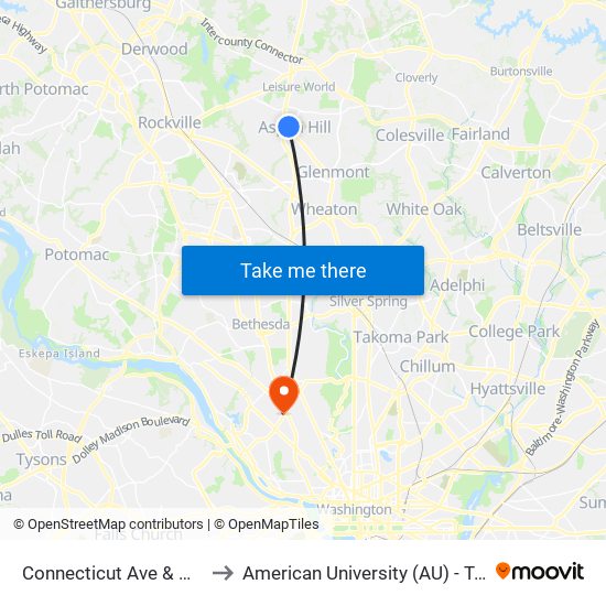 Connecticut Ave & Georgia Ave to American University (AU) - Tenley Campus map