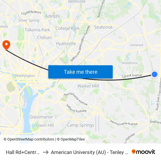 Hall Rd+Central Av to American University (AU) - Tenley Campus map