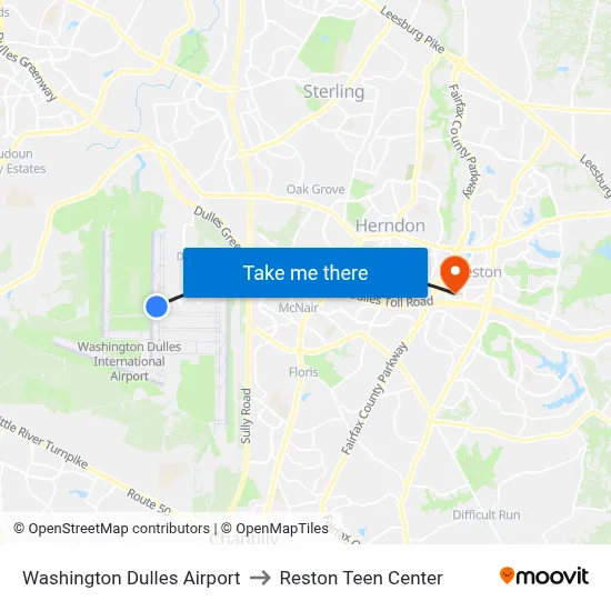 Washington Dulles Airport to Reston Teen Center map