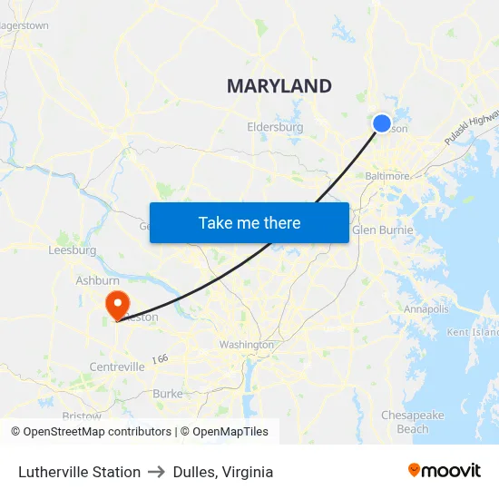 Lutherville Station to Dulles, Virginia map