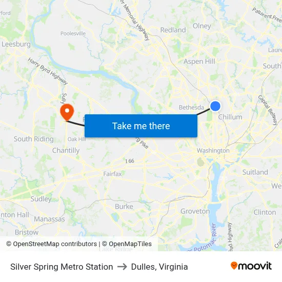 Silver Spring Metro Station to Dulles, Virginia map