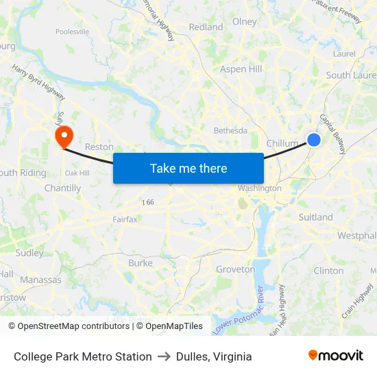 College Park Metro Station to Dulles, Virginia map