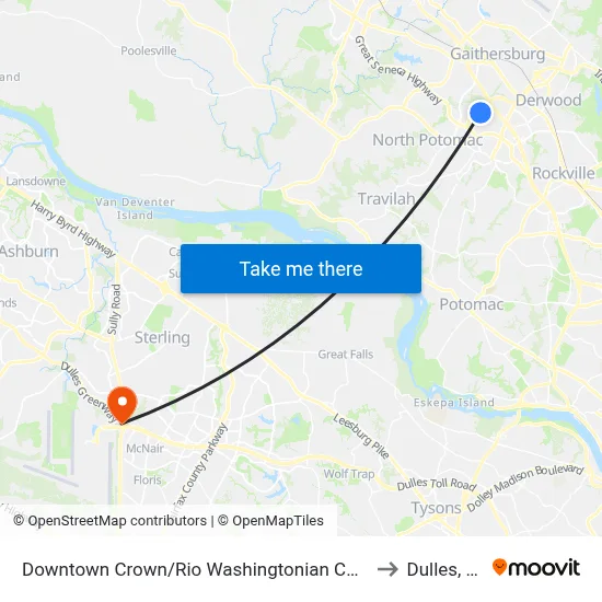 Downtown Crown/Rio Washingtonian Center & Ellington Boulevard to Dulles, Virginia map