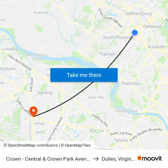 Crown - Central & Crown Park Avenue to Dulles, Virginia map