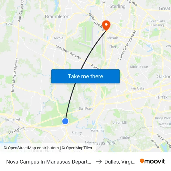 Nova Campus In Manassas Departures to Dulles, Virginia map