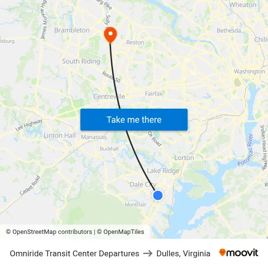 Omniride Transit Center Departures to Dulles, Virginia map